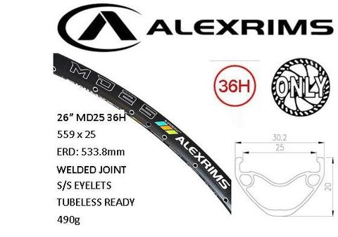 BICYCLE PARTS - RIM 26 X 25MM - ALEX MD25 - 36H - (559 X 25) - SCHRADER VALVE - DISC BRAKE - D/W - BLACK - EYELETED - TUBELESS READY - (ERD 533) - (REQUIRES AV TUBELESS VALVE)