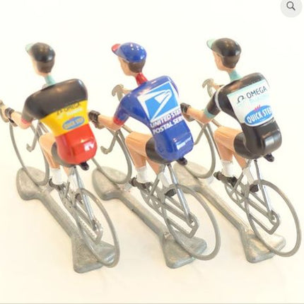 BICYCLE PARTS - A FLANDRIENS MODELS, 3X HAND PAINTED METAL CYCLISTS, BOONEN IN 3 TYPES JERSEYS