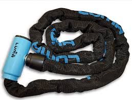 BICYCLE PARTS - LOCK WITH BLUE HIGHLIGHTS, KEY LOCK CHAIN W/COVER 8MM X 1200MM LUMA NO1 LOCK BRAND IN SPAIN