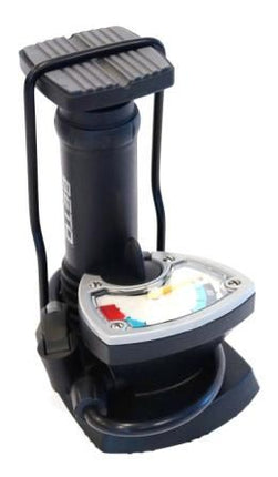 BICYCLE PARTS - FOOT PUMP, W/ BIG GAUGE, FITS SCHRADER / PRESTA, NEEDLE STORED IN BASE