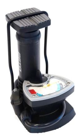 BICYCLE PARTS - FOOT PUMP, W/ BIG GAUGE, FITS SCHRADER / PRESTA, NEEDLE STORED IN BASE