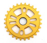 BICYCLE PARTS - CHAIN RING - DEFIANT, 24MM HOLE WITH TWO ADAPTORS TO CREATE 19MM OR 22MM HOLE, 28T, GOLD