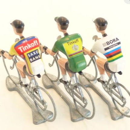 BICYCLE PARTS - A FLANDRIENS MODELS, 3 X HAND PAINTED METAL CYCLISTS, SAGAN IN 3 TYPES JERSEYS