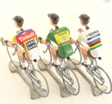 BICYCLE PARTS - A FLANDRIENS MODELS, 3 X HAND PAINTED METAL CYCLISTS, SAGAN IN 3 TYPES JERSEYS