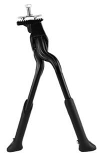 BICYCLE PARTS - KICKSTAND 24 - 28 ADJUSTABLE, CENTRE MOUNT, ALLOY BLACK, DOUBLE LEG, ALIGNS TO ONE SIDE WHEN FOLDED