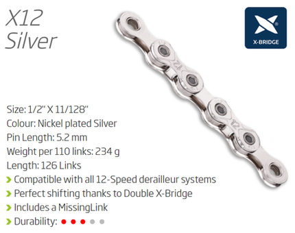 KMC X12 12 Speed Chain 126 Links Silver W/ Connect Link For Cycling Drivetrain Upgrade