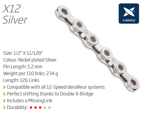 KMC X12 12 Speed Chain 126 Links Silver W/ Connect Link For Cycling Drivetrain Upgrade