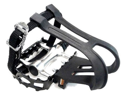 BICYCLE PARTS - PEDALS, 9/16 AXLE, MTB, ALLOY BODY & CAGE, SILVER BODY, BLACK CAGE, WITH TOE CLIP & STRAPS INC, QUALITY VP PRODUCT