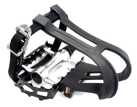 BICYCLE PARTS - PEDALS, 9/16 AXLE, MTB, ALLOY BODY & CAGE, SILVER BODY, BLACK CAGE, WITH TOE CLIP & STRAPS INC, QUALITY VP PRODUCT