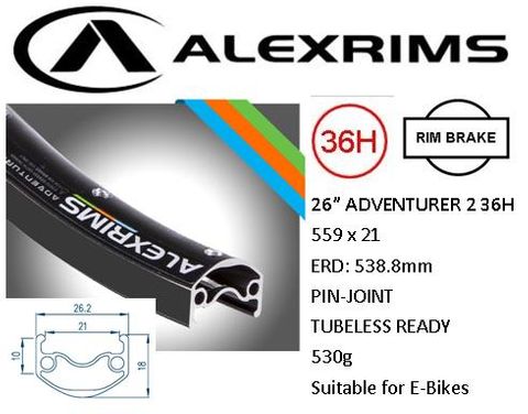 BICYCLE PARTS - RIM 26 X 21MM - ALEX ADVENTURER2 - 36H - (559 X 21) - PRESTA VALVE - RIM BRAKE - D/W - BLACK - TUBELESS READY - (E - BIKE COMPATIBLE) - (ERD 536MM)
