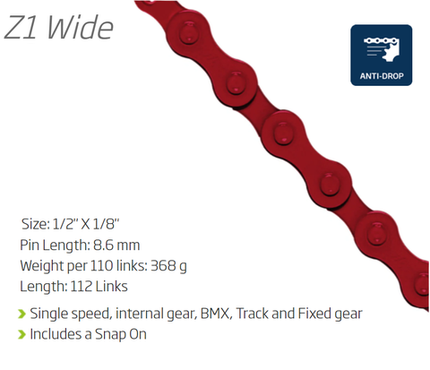 BICYCLE PARTS - CHAIN - SINGLE SPEED - KMC Z1 WIDE - 112L - RED - W/CONNECT LINK