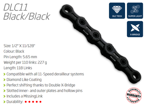 BICYCLE PARTS - CHAIN - 11 SPEED - KMC DLC11 - 118L - BLACK - DLC DIAMOND HARD - X - SUPERLIGHT - W/CONNECT LINK