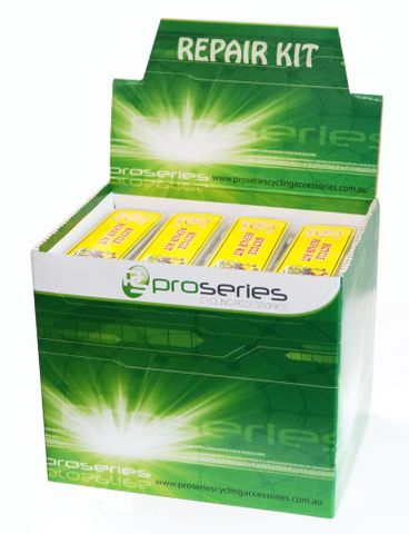 BICYCLE PARTS - GLUELESS REPAIR KITS WITH LEVERS IN COUNTER DISPLAY BOX, OF 25 KITS, KIT INCL. 2 PLASTIC LEVERS, 12 GLUELESS PATCHES, SANDPAPER