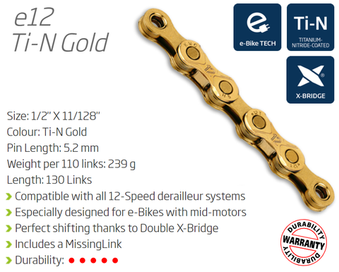 KMC E12 12 Speed Bicycle Chain 130L Gold W/connect Link For E-bike Torque, Higher Pin Power, Durable Cycling Components