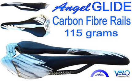 BICYCLE PARTS - SADDLE VELO ANGEL GLIDE, TOP - END RACING SADDLE, 115G, CARBON RAIL, 275MM X 128MM