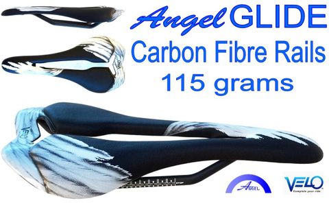 BICYCLE PARTS - SADDLE VELO ANGEL GLIDE, TOP - END RACING SADDLE, 115G, CARBON RAIL, 275MM X 128MM
