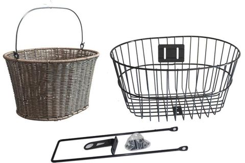BICYCLE PARTS - BASKET COMBINATION, FIXED MOUNT WITH STAY & 1 FITTINGS, FOR QUILL STEM, OVAL REMOVABLE POLYRATTANBASKET WITH 2 HANDLES AND OVAL STEEL BLACK FIXED BASKET - 38W X 23H X 29D