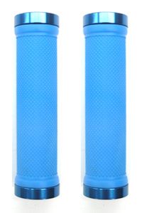 BICYCLE PARTS - GRIPS LOCK - ON, DUAL CLAMP, 130MM, WITH PLUG, BLUE WITH BLUE RINGS