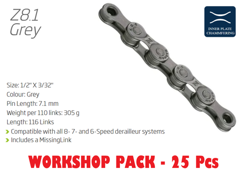 KMC Z8.1 116 Links 6-8 Speed Chains Workshop Box Grey 25 Count With Connect Link For Cycling Maintenance And Repair