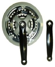 BICYCLE PARTS - CHAINWHEEL SET 152MM X 22/32/42T, STEEL, BLACK CRANKS, GREY CHAIN GUARD