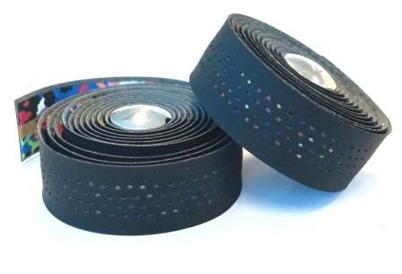 BICYCLE PARTS - HANDLEBAR CUSHION TAPE, BLACK MICROFIBRE + MULTI - COLOUR SHOCKPROOF GEL, W PLUGS
