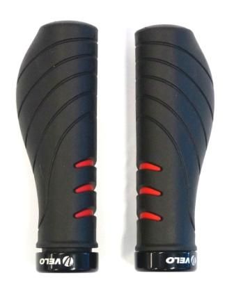 BICYCLE PARTS - HANDLEBAR GRIPS, LOCK - ON GEL ERGO , BLACK WITH RED HIGHLIGHTS, KRATTON + GEL, TRIPLE DENSITY, ONE SIDE LOCK RING