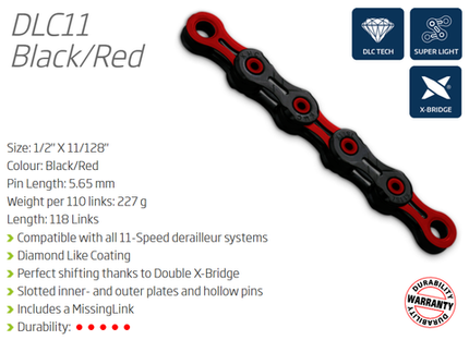 BICYCLE PARTS - CHAIN - 11 SPEED - KMC DLC11 - 118L - RED/BLACK - DLC DIAMOND HARD - X - SUPERLIGHT - W/CONNECT LINK