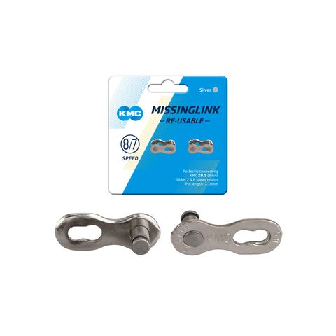 BICYCLE PARTS - CONNECTING LINKS, KMC, CARD OF 2, FITS ALL 7.1MM SIZE 7 AND 8 SPEED CHAINS, SILVER.