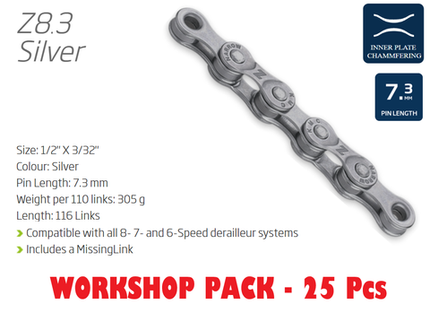 KMC Z8.3 116L Silver 6-8 Speed Chains Workshop Box With Connect Link For 25 Chains - Bicycle Maintenance Tool Kit