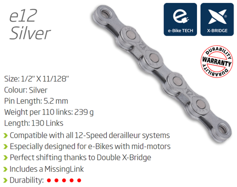 KMC E12 12 Speed Ebike Chain 130 Links Silver With Connect Link For Electric Bikes