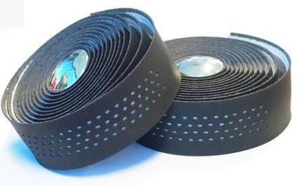 BICYCLE PARTS - HANDLEBAR CUSHION TAPE, BLACK MICROFIBRE + WHITE SHOCKPROOF GEL, W PLUGS