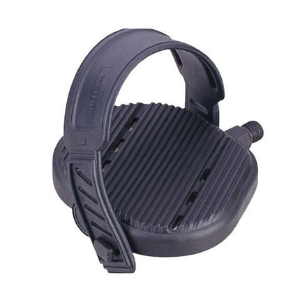 BICYCLE PARTS - PEDALS 9/16 EXERCISE BIKE, BOTTOM WEIGHTED, 115.2 X 130.9 X 51 MM, PLASTIC PLATFORM, STEEL AXLE, BALL BEARING, ADJUSTABLE PU STRAP, BLACK