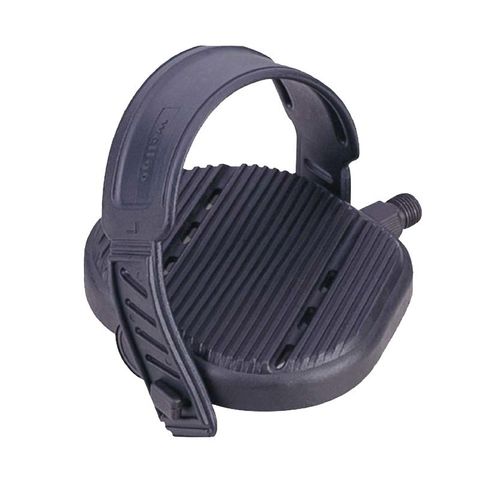 BICYCLE PARTS - PEDALS 9/16 EXERCISE BIKE, BOTTOM WEIGHTED, 115.2 X 130.9 X 51 MM, PLASTIC PLATFORM, STEEL AXLE, BALL BEARING, ADJUSTABLE PU STRAP, BLACK
