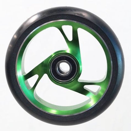 BICYCLE PARTS - SCOOTER WHEEL, ALLOY CORE, 125MM DIAMETER. 30MM WIDE. INCL ABEC - 9 BEARING. SUIT 12MM AXLE, GREEN CORE