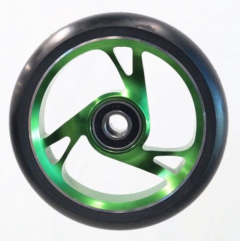 BICYCLE PARTS - SCOOTER WHEEL, ALLOY CORE, 125MM DIAMETER. 30MM WIDE. INCL ABEC - 9 BEARING. SUIT 12MM AXLE, GREEN CORE