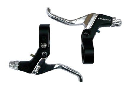 BICYCLE PARTS - BRAKE LEVER - TEKTRO BRAKE LEVERS, 2 FINGER TYPE, WORKS WITH ( LINEAR - REQUIRES MODIFICATION ), CALIPER, CANTILEVER & U BRAKES, SILVER/BLACK (SOLD IN PAIRS)