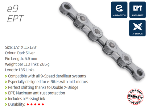 BICYCLE PARTS - CHAIN - 9 SPEED - KMC E9 EPT - 136L - DARK SILVER - ECOPRO TEQ COATING - W/CONNECT LINK - EXTRA LONG - (EBIKE CHAIN, HIGHER PIN POWER FOR E - BIKE TORQUE)