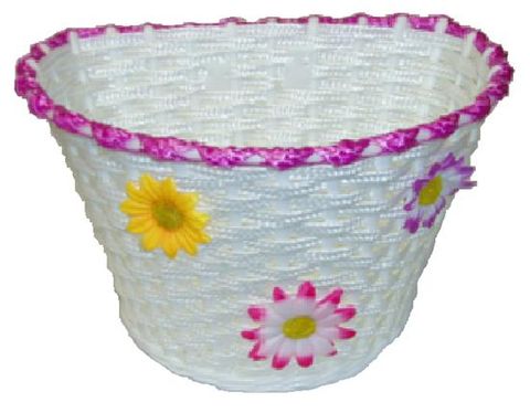 BICYCLE PARTS - BASKET, KIDS, WHITE WOVEN WITH MAGENTA STRIP AND SMALL FLOWERS, PLASTIC, 12 - 16 BIKES