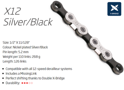 KMC X12 12-Speed Chain 126 Links 1/2 X 11/128 Silver/black Bicycle Drivetrain Component For Cycling Enthusiasts Upgrade Your Ride
