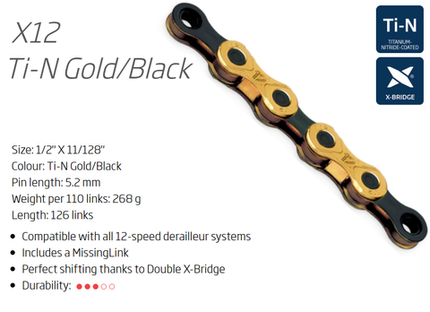 KMC X12 12-Speed Chain 1/2 X 11/128 X 126L Gold/black With Connect Link For TRP EVO Drivetrains - High Performance Bicycle Chain