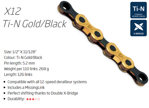 KMC X12 12-Speed Chain 1/2 X 11/128 X 126L Gold/black With Connect Link For TRP EVO Drivetrains - High Performance Bicycle Chain