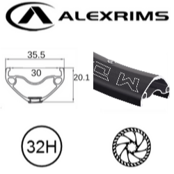 BICYCLE PARTS - RIM 29ER X 30MM - ALEX MD30 - 32H - (622 X 30) - PRESTA VALVE - DISC BRAKE - D/W - BLACK - EYELETED - TUBELESS READY - (ERD 596.6MM)