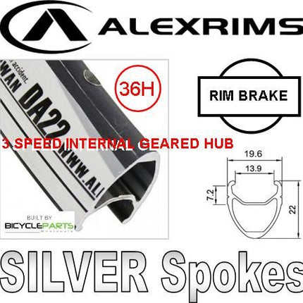 Alex Rims Alexrims DA22 20 X 1 1/8 Wheelset 36H Rim Brake Black Silver 3 Speed Internal Geared Hub Mach 1 Spokes