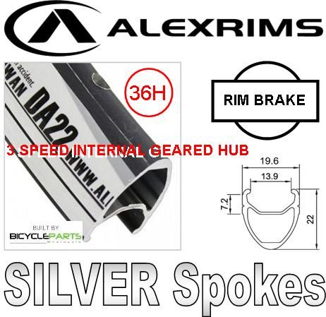 Alex Rims Alexrims DA22 20 X 1 1/8 Wheelset 36H Rim Brake Black Silver 3 Speed Internal Geared Hub Mach 1 Spokes