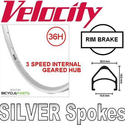 Velocity 16" Wheelset 3 Speed Internal Geared Hub 36 Hole Silver Rim Brake Alloy For Cycling