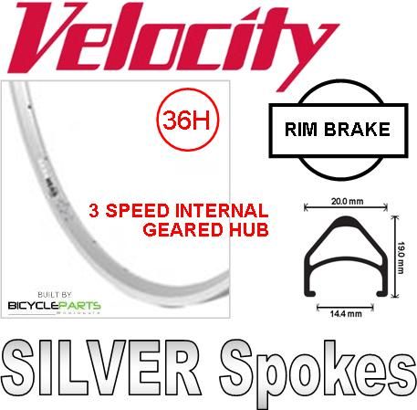 Velocity 16" Wheelset 3 Speed Internal Geared Hub 36 Hole Silver Rim Brake Alloy For Cycling
