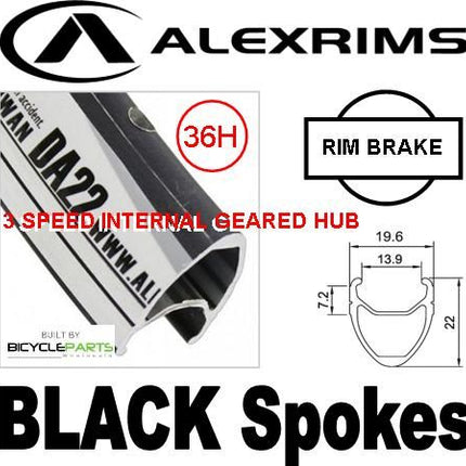 Alex Rims Alexrims DA22 20 X 1 1/8 Rim Brake Wheelset With 3-Speed Internal Geared Sturmey Silver Hub, 36H Black Spokes For Cycling Enthusiasts