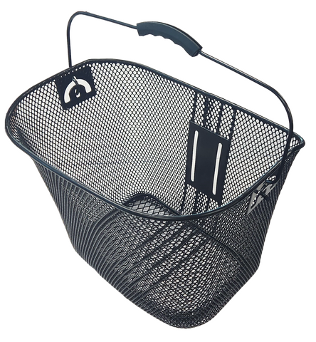 BICYCLE PARTS - BASKET - FRONT, MESH, WITH ANGLE ADJUSTABLE BRACKET, FOR LIGHT WEIGHT CARGO, SUITS 31.8MM BB, BLACK