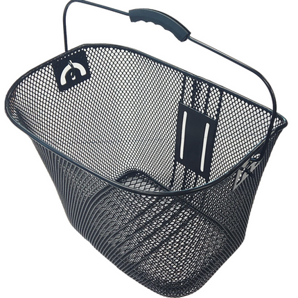 BICYCLE PARTS - BASKET - FRONT, MESH, WITH ANGLE ADJUSTABLE BRACKET, FOR LIGHT WEIGHT CARGO, SUITS 25.4MM BB, BLACK