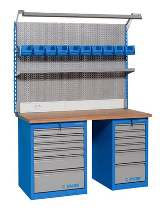 Unior 1500mm Workbench With Back Board, Drawers, Overhead Lighting, Parts Trays, Hooks, Shelf - Mechanic Garage Storage